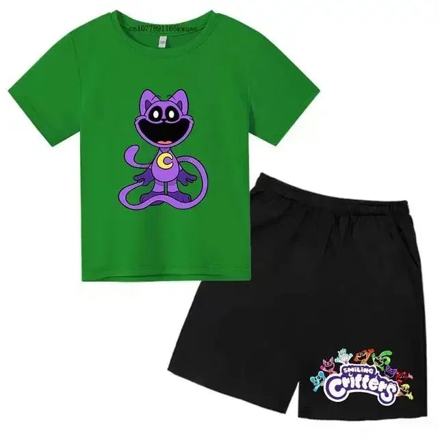 Smiling Critters Cartoon Print Kids Summer Cute 2pcs Soft T-shirts+Pants Suits 2-13Years Boys Girls Casual Sets Children Clothes