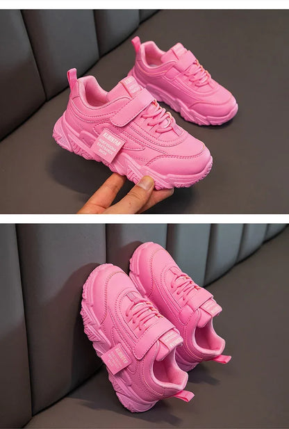 Spring New Kids Sneakers 2025 PU Girls Casual Mesh Solid Pink Light Boys White Hook & Loop Children Non-slip Sports Shoes