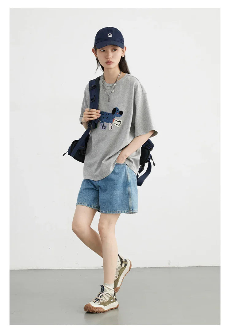 CHIC VEN Camisetas Femininas Soltas Streetwear Unissex Divertido Cão Bordado Manga Curta Algodão Blusas Menina Femininas Verão 2025