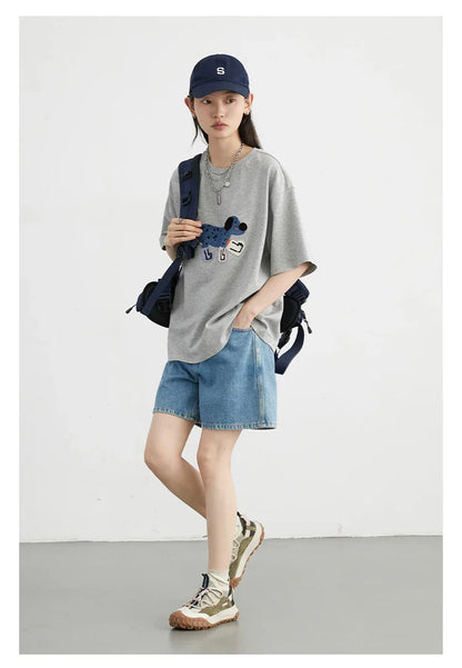 CHIC VEN Camisetas Femininas Soltas Streetwear Unissex Divertido Cão Bordado Manga Curta Algodão Blusas Menina Femininas Verão 2025