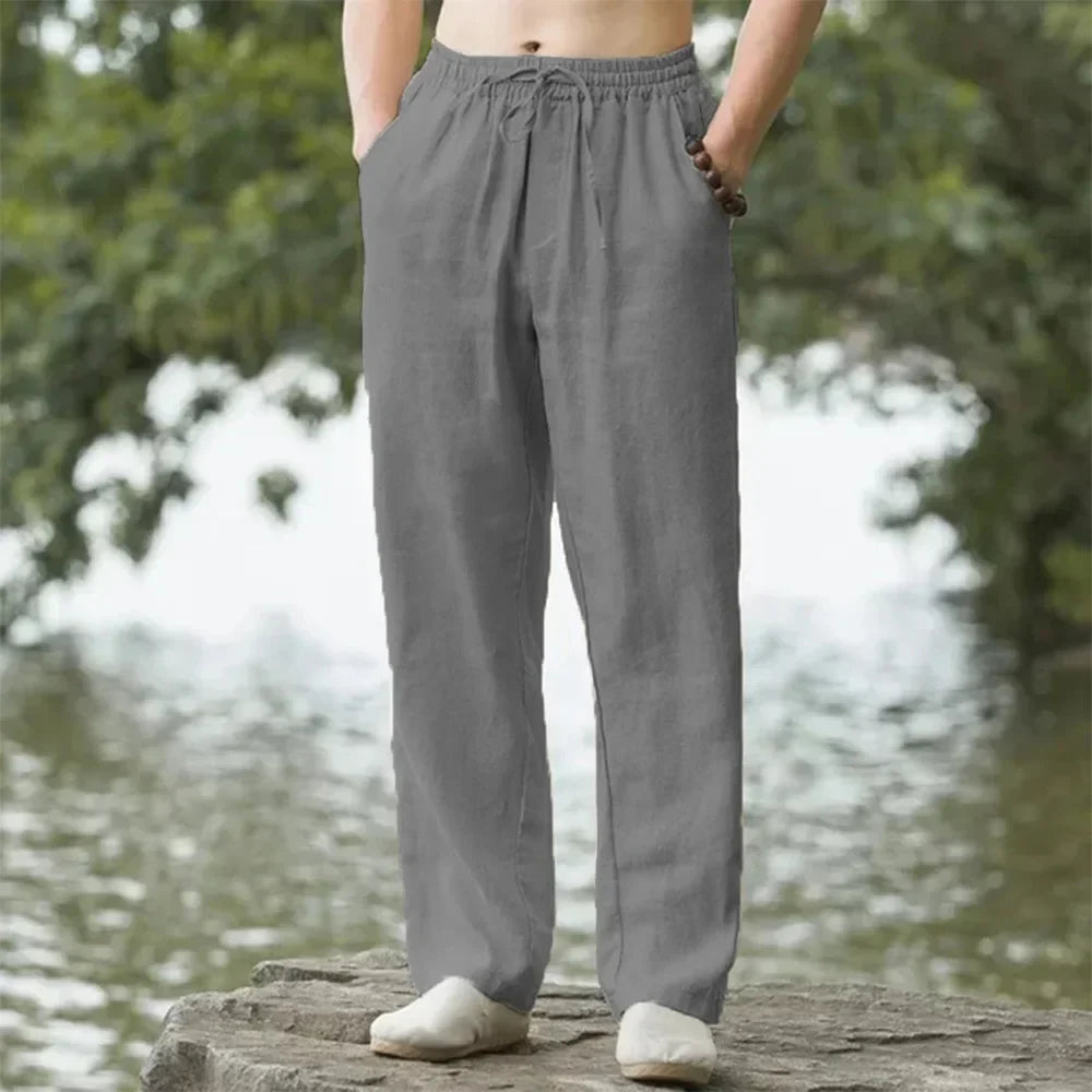 Men's Cotton Linen Pants Loose Cool Casual Long Pants Elastic Waist Long Pant Casual Large Size Streetwear Lightweight Trousers