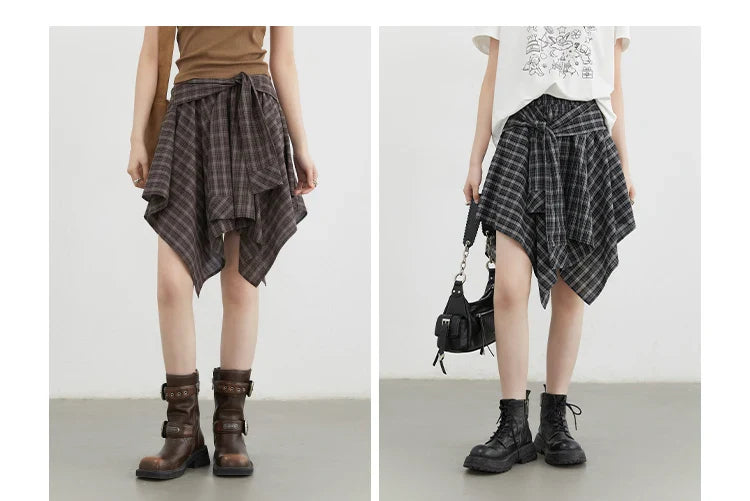 Women Skirts A Line Elastic Waist Strap Ties Irregular Plaid Half Length Skirt Female Short Skirt Woman Summer 2025