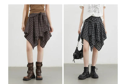 Women Skirts A Line Elastic Waist Strap Ties Irregular Plaid Half Length Skirt Female Short Skirt Woman Summer 2025
