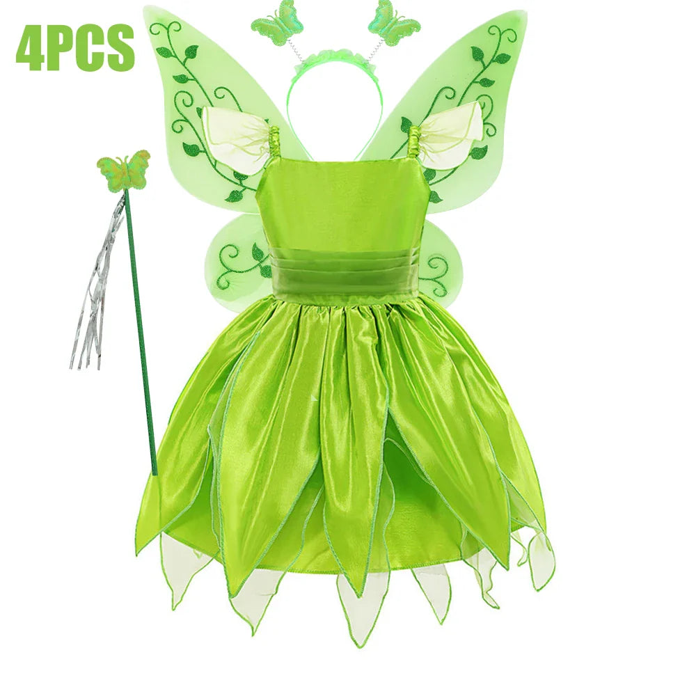 Kids Girl Cosplay Bell Costume Halloween Role Playing Green Dress Fancy Fairy Princess Cosplay Birthday Party Dresses Knee Lengt
