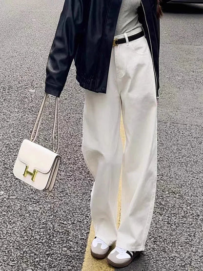 ZOENOVA 2024 New Straight Jeans Women White Plus size High Waist Loose Wide Leg Pants Spring Baggy Korean Fashion Pants