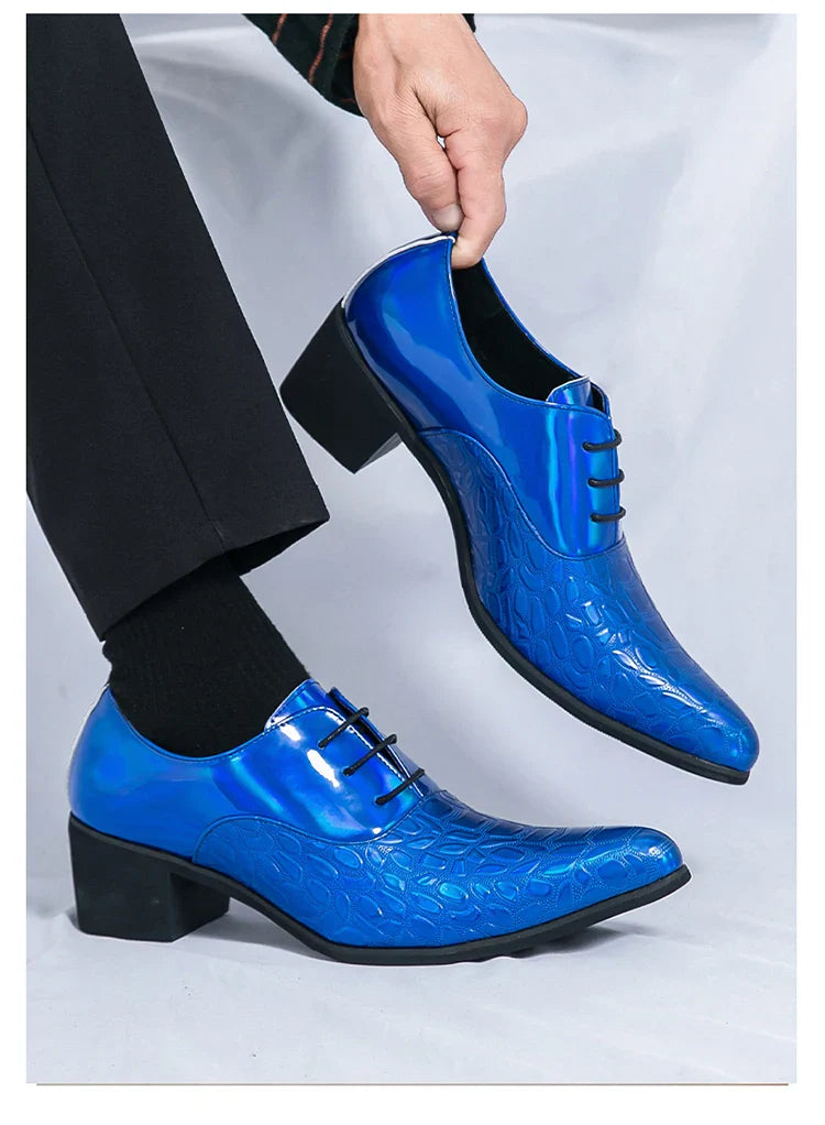 Luxury Wedding Dress Men High Heel Shoes Design Blue Man Patent Leather Shoes Party Men Pointed Toe Formal Shoes Zapatos Oxfords