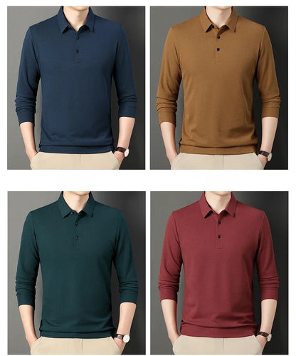 Waffle Fleece Thicken Fashion Polo Shirt Men Winter Warm Plush Business T-Shirt Tops Male Casual Button Lapel Long Sleeve Shirts