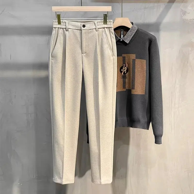 Men's Woolen Straight Leg Casual Pants Autumn Winter Thickened Fashionable Nine Point Pants mid Waist Pure Color Anti-Wrinkle