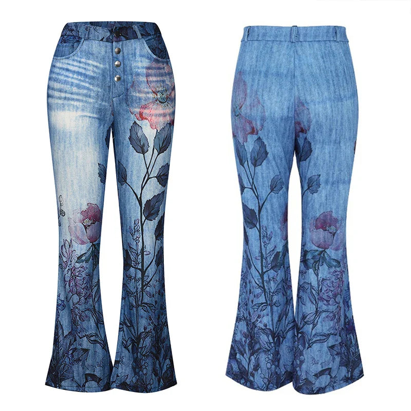 Women's Y2K Vintage Denim Long Pants Floral Print Four Button Front High Waist Flared Jeans Trousers with 2 Pockets