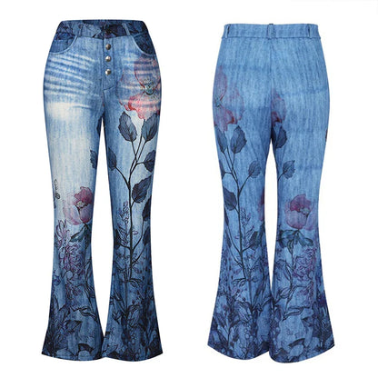Women's Y2K Vintage Denim Long Pants Floral Print Four Button Front High Waist Flared Jeans Trousers with 2 Pockets