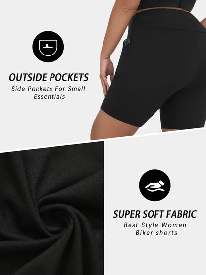 Plus Size High Waisted Biker Shorts For Women With Pockets Super Soft Tummy Control No See Through Workout Running Yoga