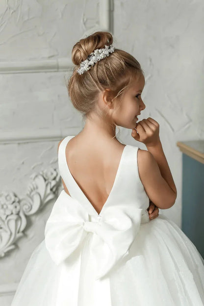 Communion Girl Dress Lace Appqulies Bodice Floor-length Skirt Puffy Dress with Long Train Formal Party Toddler Clothe