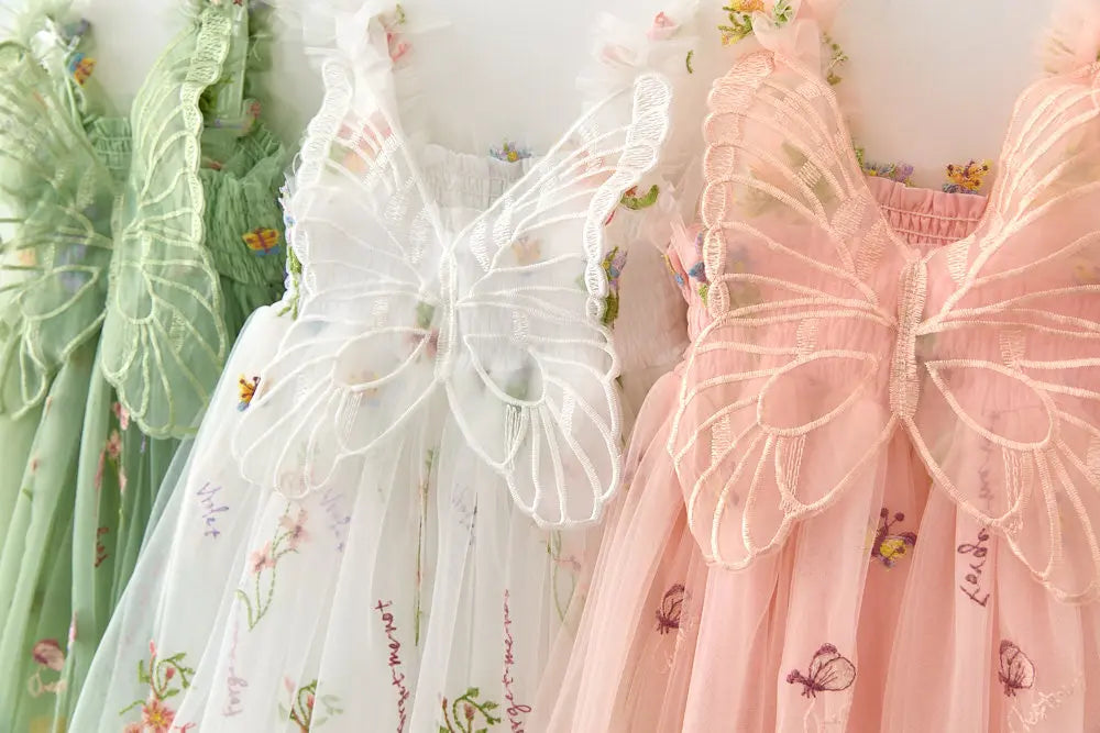 Girls Princess Dress with 3D Wings - Sparkle Tulle Sleeveless Gown, Fairy Puffy Party Dress for Birthday & Holiday