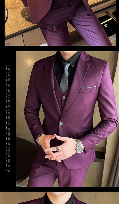 Suit (Blazer+ Vest + Pants) Men's Fashion Casual Outdoor Gentleman Business Wedding Formal Dress British Style Wedding Suit