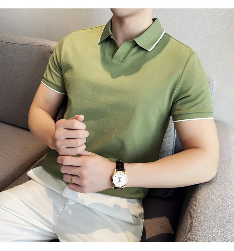 Business Casual Solid Color Men's Polo Shirt, 2024 Summer Classic, Men Short Sleeve V-neck T-shirt, Slim Fit Spliced Polo 4XL-M