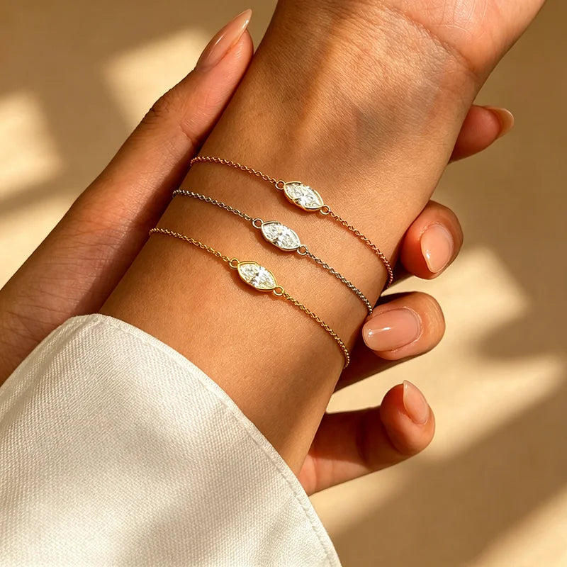 1CT D Color Marquise Cut Moissanite Bracelets for Women Adjustable Chain Birthday Gift 100% Real Pure 925 Silver Jewelry