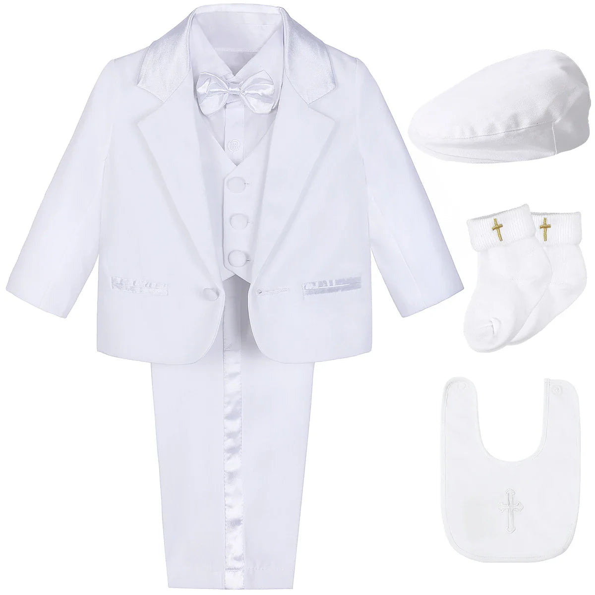 Baby Boy Baptism Outfit Infant White Christening Suit with Hat Toddler Wedding Birthday Party Clothing Long Sleeved Tuxedo 5PCS