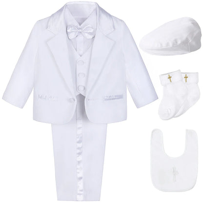Baby Boy Baptism Outfit Infant White Christening Suit with Hat Toddler Wedding Birthday Party Clothing Long Sleeved Tuxedo 5PCS