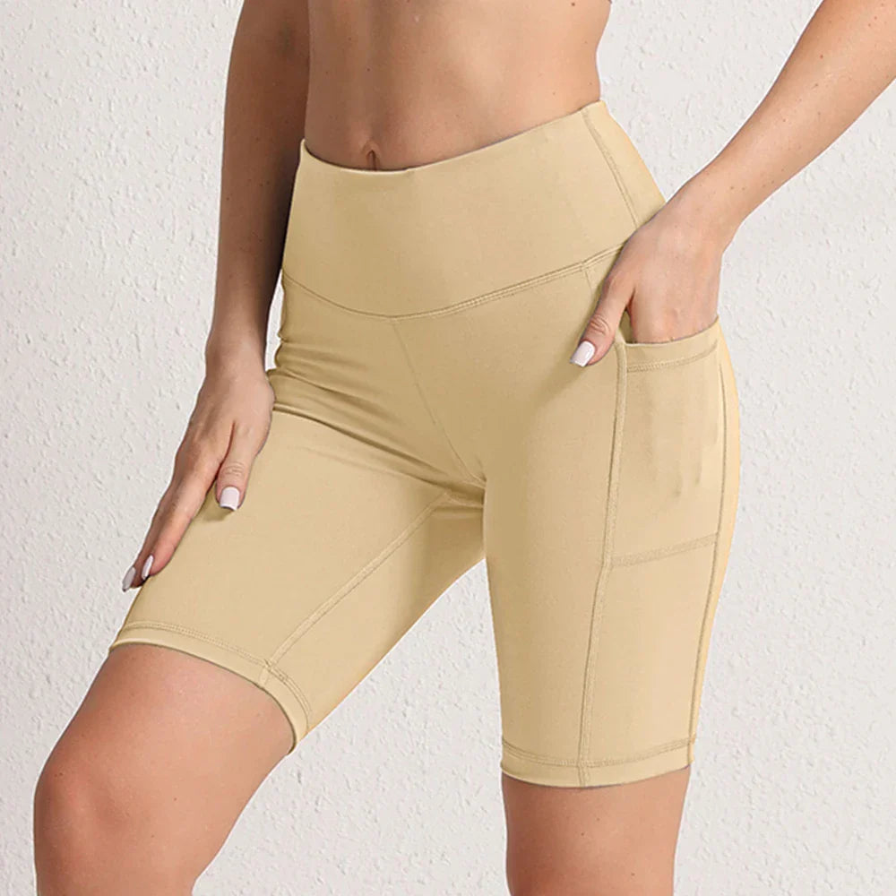 Women Yoga Shorts with 3 Pockets Seamless Gym Fitness Tights Elastic Cycling Shorts Female Solid Color Leggings