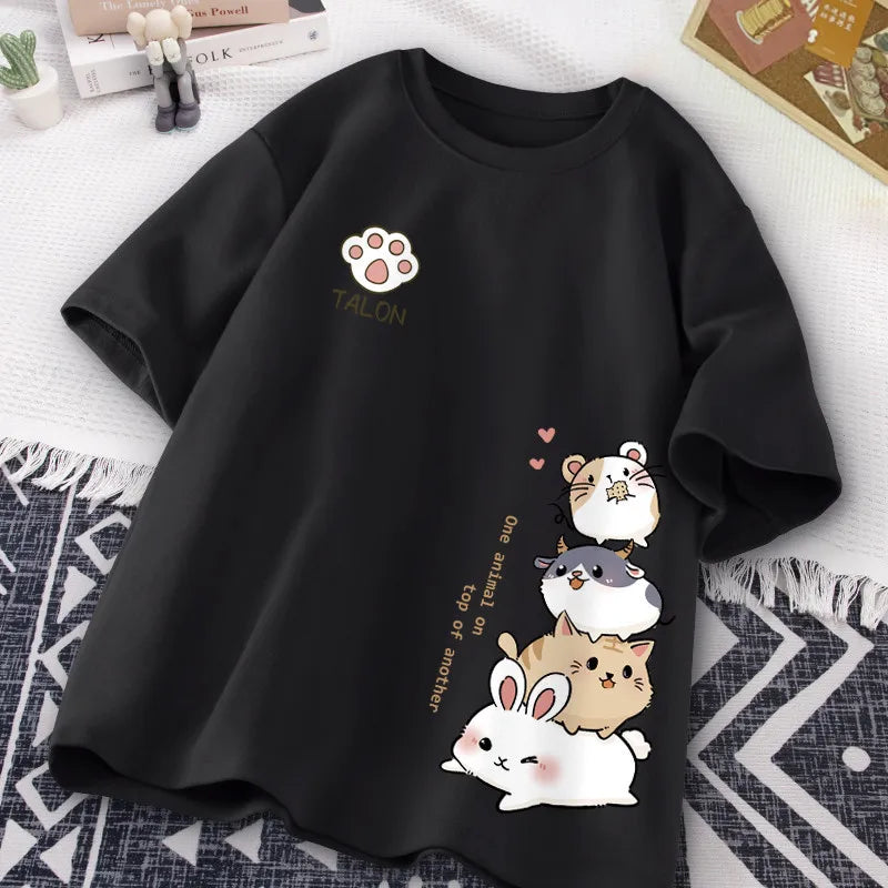 Camiseta Feminina Estilo Hamster Japonês Fofo Estampa Doce Uso Diário Manga Curta Solta Casual Adolescente Estudante Meia Manga Top