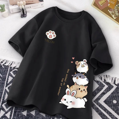 Camiseta Feminina Estilo Hamster Japonês Fofo Estampa Doce Uso Diário Manga Curta Solta Casual Adolescente Estudante Meia Manga Top