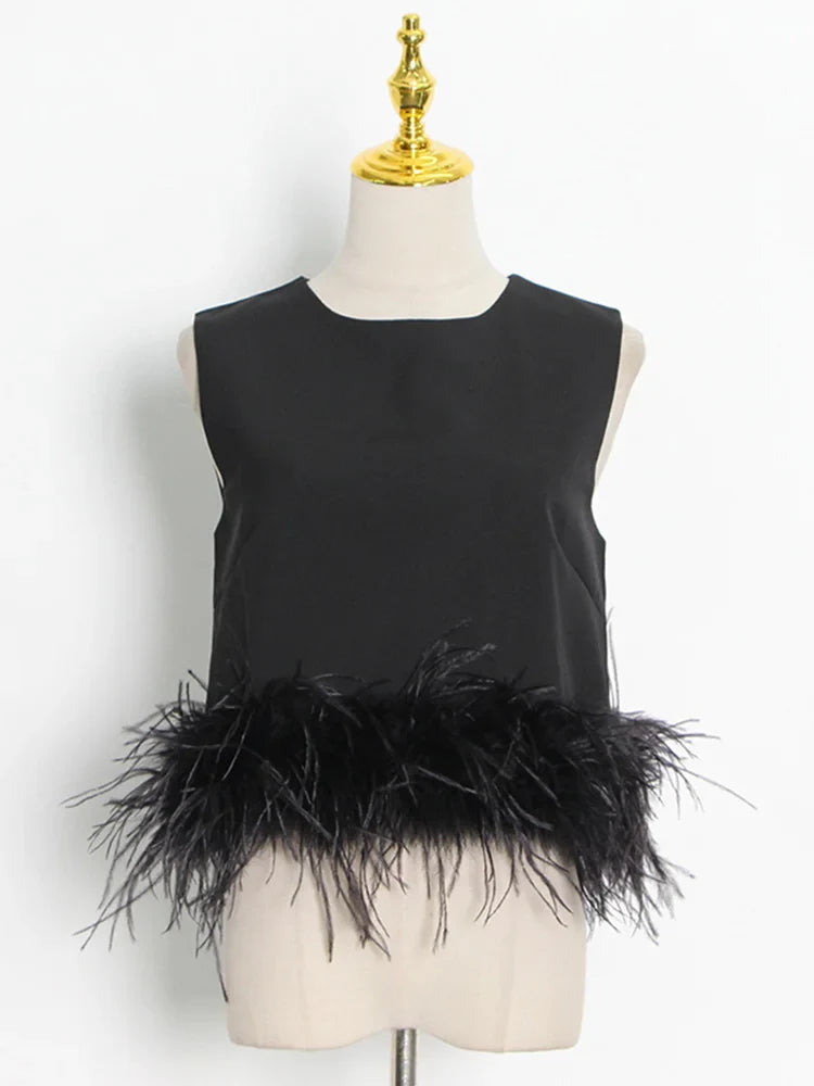 Black Patchwork Feathers Korean Fashion Shirt Top Women Round Neck Sleeveless Slim Tops Female 2021 Summer Clothing