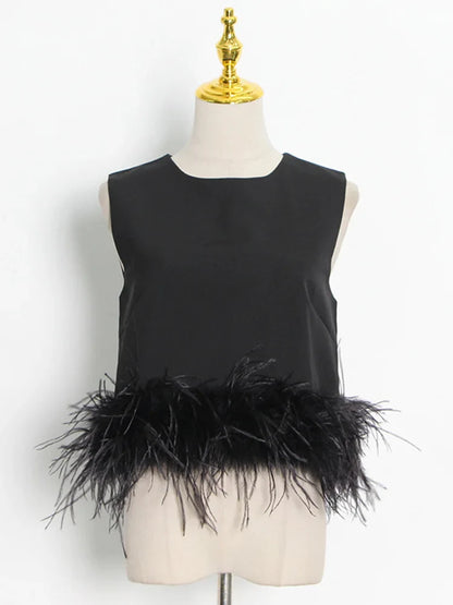 Black Patchwork Feathers Korean Fashion Shirt Top Women Round Neck Sleeveless Slim Tops Female 2021 Summer Clothing