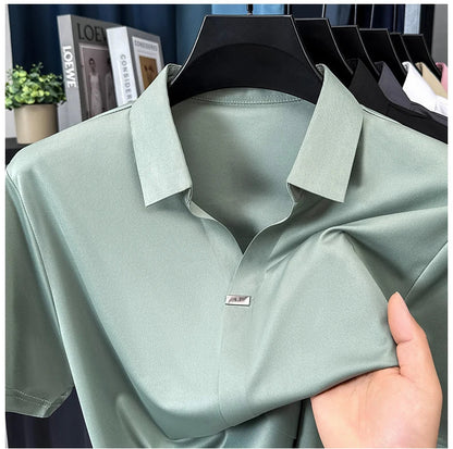 High quality ice silk short sleeve T-shirt men's lapel top trendy brand design cool silky breathable summer casual polo shirt