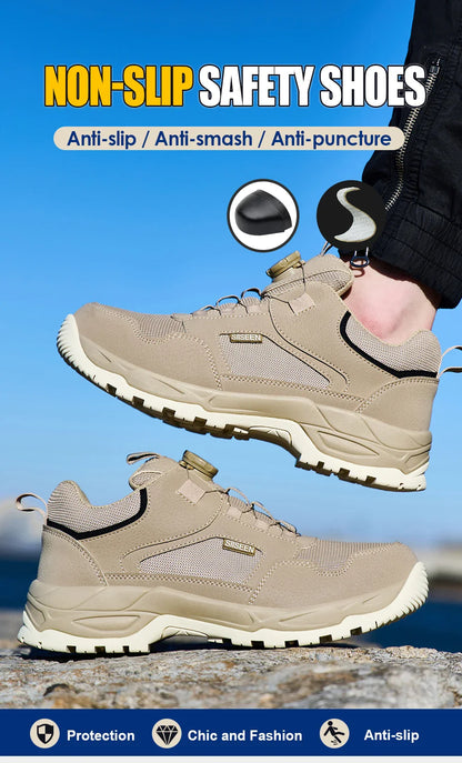 Men's Safety Shoes Steel Toe Anti- Crush Kevlar Rubber Non- Slip Bottom Fashion Button Style Work Shoes