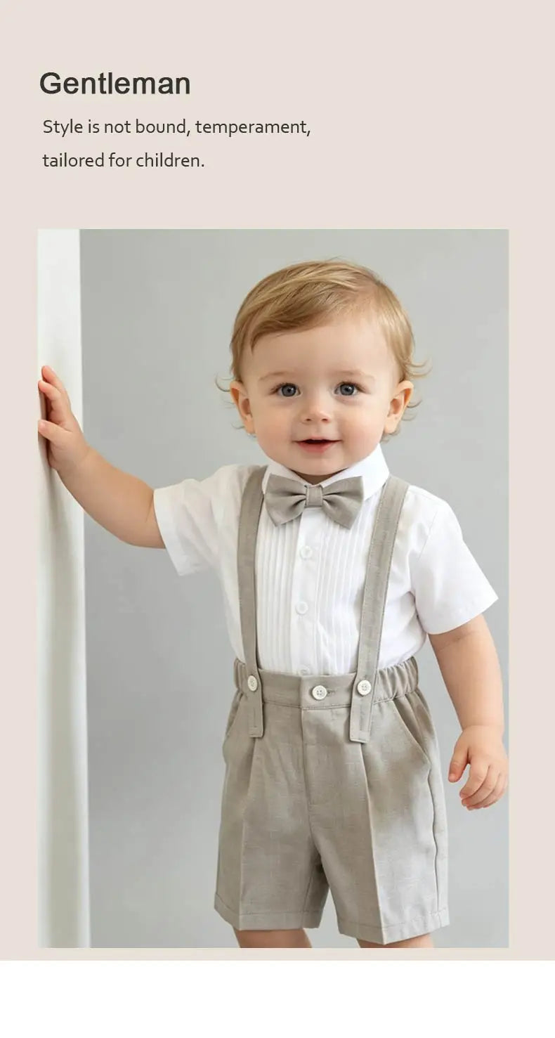 Summer Kids Boy Linen Suit Set Double Breasted Vest Shorts Bowtie for Ring Bearer Flower Boys Toddler Gentleman Outfit Clothes