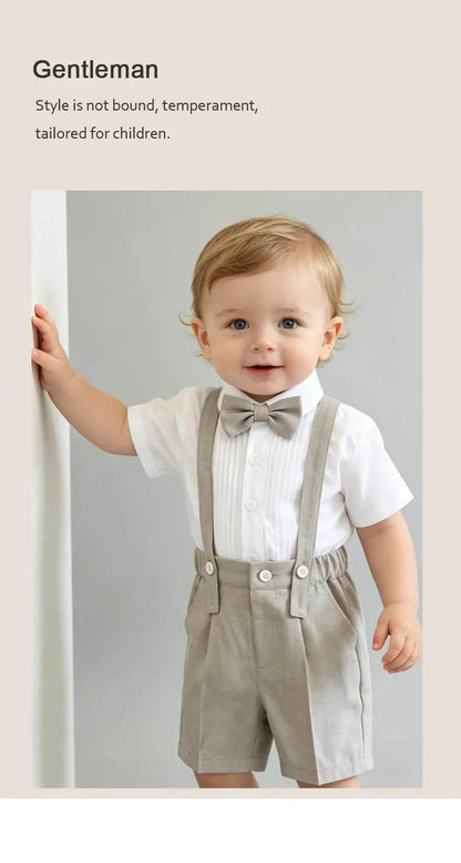 Summer Kids Boy Linen Suit Set Double Breasted Vest Shorts Bowtie for Ring Bearer Flower Boys Toddler Gentleman Outfit Clothes