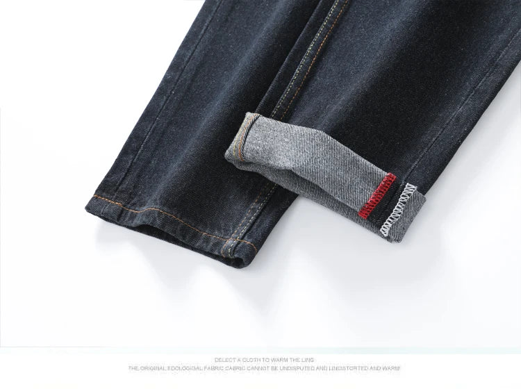 Men's Japanese Handmade Embroidered Cotton Jeans Straight Tube Slim Fit Hip-Hop Trousers Red Ear Detail Devil Big M Golden Text