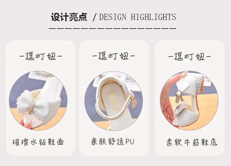 Children's Sandals Summer Princess Crystal Shoes 2024 New Girls High Heels Fashion Sequins Girls Soft Bottom Performance Shoes