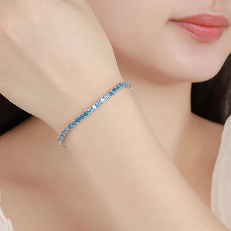 2024 Original Full 3mm Red Zircon Tennis Bracelet for Women S925 Silver Sea Blue High Carbon Gemstone Link Bracelets Gift