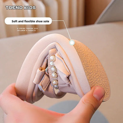 Girls Sandals Kids Summer Shoes Children's Beach Sandals with Pearls Princess Sweet Anti-slippery Open Toes Lace Chic Beading