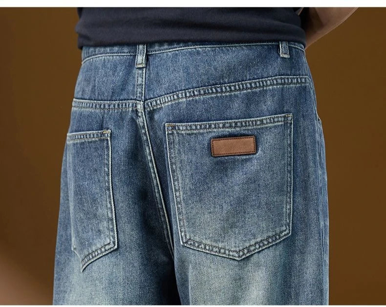 Jeans Denim Straight Pants Men Washed Distressed Mid Waist Pockets 2025 Streetwear Basics Ankle Length Trousers Vintage Denims