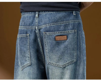 Jeans Denim Straight Pants Men Washed Distressed Mid Waist Pockets 2025 Streetwear Basics Ankle Length Trousers Vintage Denims