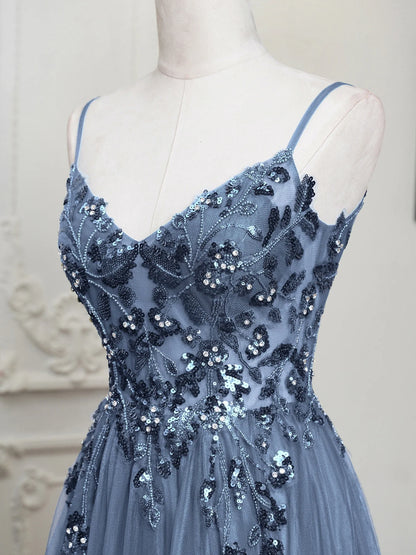 Sling Evening Dresses Prom Dress V-Neck A-Line Train High Split Gowns Sexy Spaghetti Straps Illusion Sequins Appliques