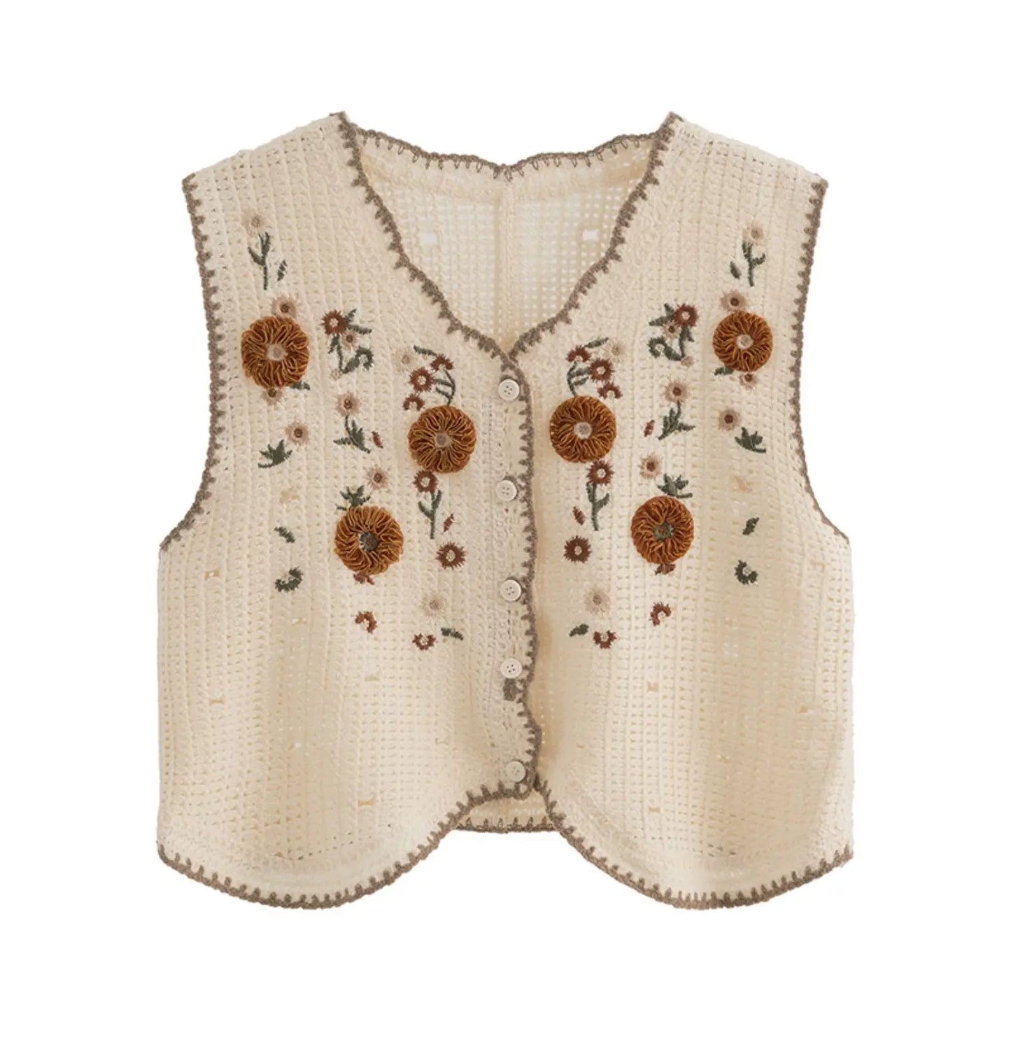 Floral Crochet Vest for Women Openwork Button Front Sleeveless Jacket Waistcoat Bohemian Summer Beach Vacation Outfit