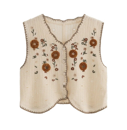 Floral Crochet Vest for Women Openwork Button Front Sleeveless Jacket Waistcoat Bohemian Summer Beach Vacation Outfit