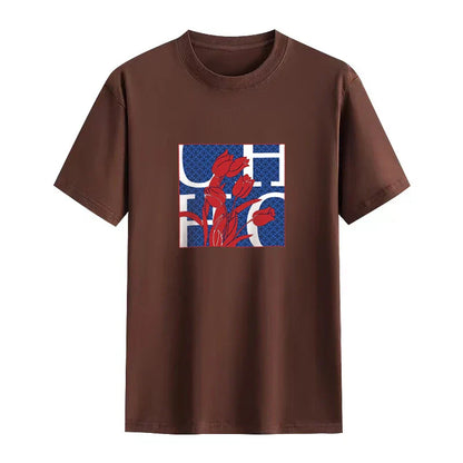 Women's T Shirts Short Sleeve O Neck Casual Flower Design Cotton Female Tops Women Tee Tops