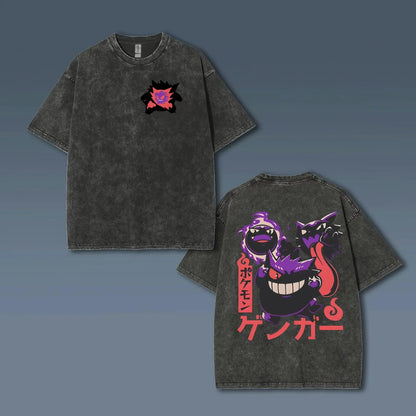 Animated Gengar Print Vintage Washed Short Sleeve T-Shirt Men and Women Summer Casual Fashion Clothing Cotton