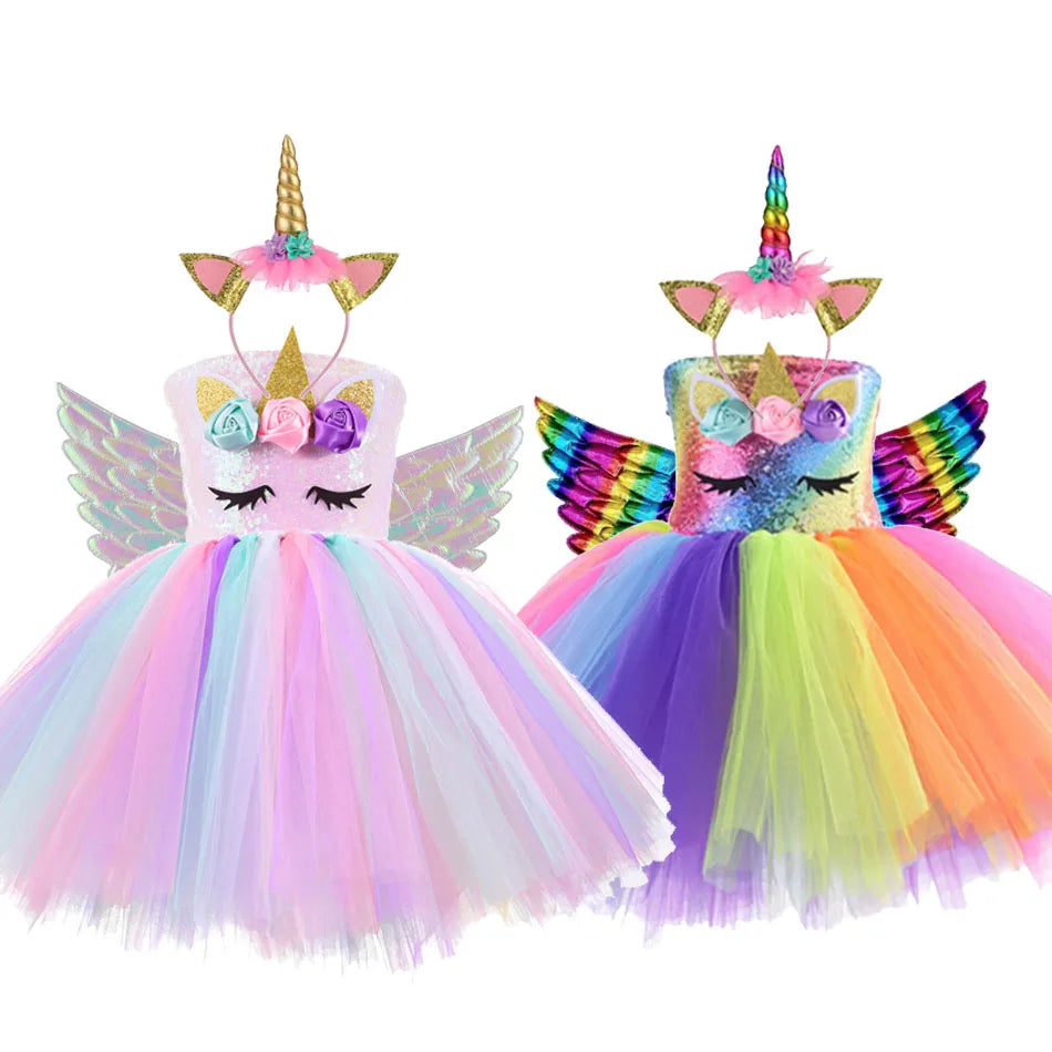 Vestidos de Unicórnio Princesa para Meninas, Trajes Tutu, Flores em Tons Pastel, Vestidos de Aniversário para Bebês, Tule, Fantasias Infantis para Halloween e Cosplay