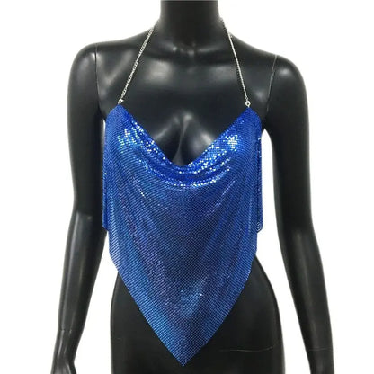 Women Solid Sequined Metal Camis Top 2025 Sexy Halter Backless V Strappy Party Nightclub Vest Cropped Tops