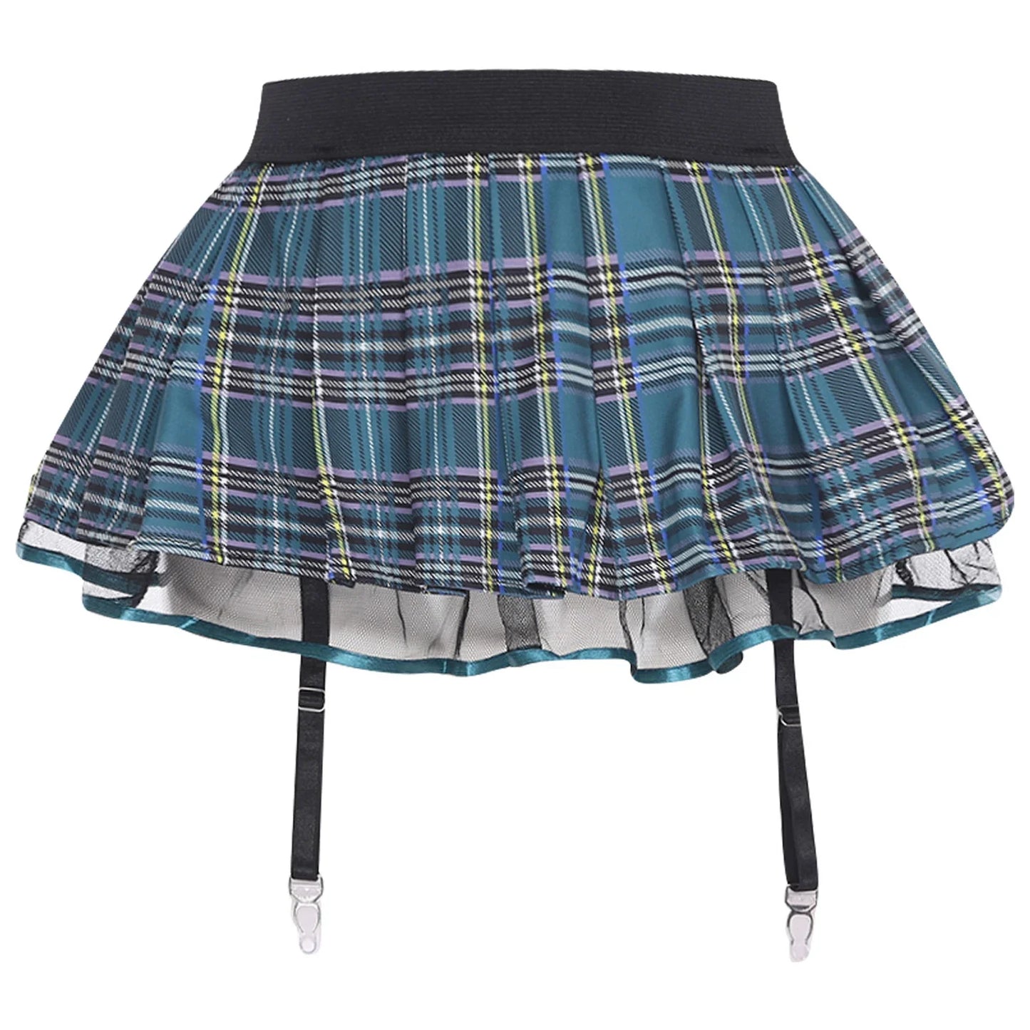 Women's Miniskirt with Garters Schoolgirl Cosplay Costume Plaid Layer with Tulle Lining Elastic Waistband Short Skirt Clubwear