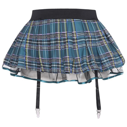 Women's Miniskirt with Garters Schoolgirl Cosplay Costume Plaid Layer with Tulle Lining Elastic Waistband Short Skirt Clubwear