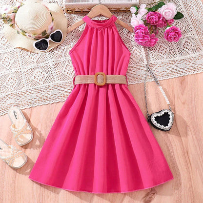 Elegant Summer Princess Dress for Teen Girls with Halter Neck and Off-Shoulder Children Sleeveless Casual Clothes with Belt