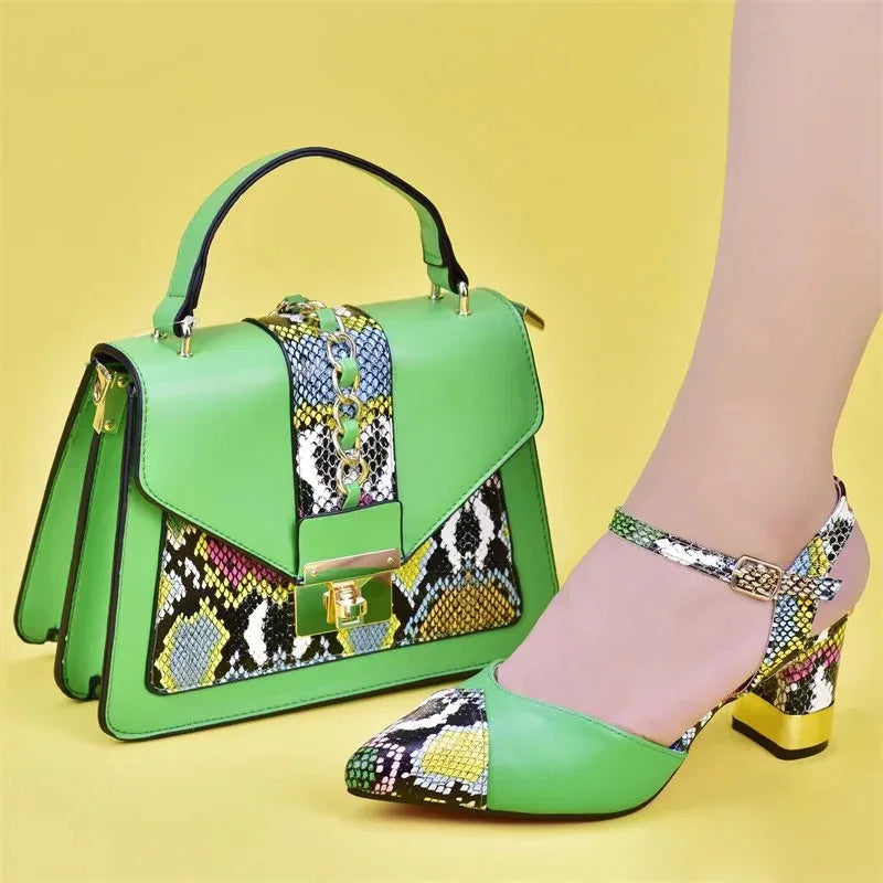 New Design Italian Shoe and Bag Set for Party In Women Ladies Shoes and Sandals Snake Print Heels Wedding Shoes for Women Bride