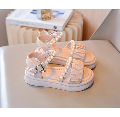 Girls Sandals Kids Summer Shoes Children's Beach Sandals with Pearls Princess Sweet Anti-slippery Open Toes Lace Chic Beading