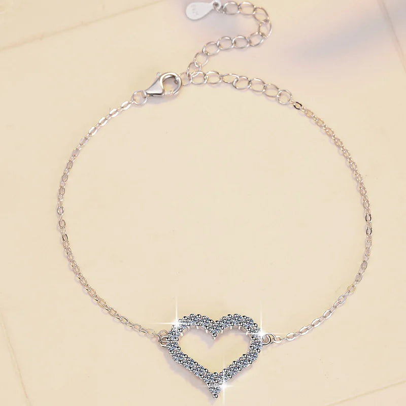 Heart Shape Full D Color Moissanite Link Bracelet Pendant for Women Girls S925 Silver Lab Diamond Chain Bracelets Earrings